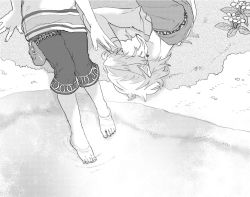 1boy 1girl bad_id bad_pixiv_id barefoot capri_pants earrings feet flower greyscale ilia jewelry link monochrome nintendo pants pointy_ears sleeping soaking_feet the_legend_of_zelda the_legend_of_zelda:_twilight_princess water yo_mo