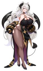 1girl absurdres armpit_crease backless_leotard black_choker black_gloves black_horns black_leotard black_shoes black_sleeves black_wings breasts brown_pantyhose choker cleavage clothing_cutout collarbone commentary_request covered_navel demon_girl demon_horns demon_tail demon_wings detached_sleeves earrings eyes_visible_through_hair from_side full_body fur-trimmed_sleeves fur_shawl fur_trim gloves gold_trim grey_hair hair_intakes hair_over_one_eye halterneck heart heart_cutout heart_earrings high_heels highleg highleg_leotard highres hip_vent horns huge_breasts indie_virtual_youtuber jewelry leaning_forward leotard long_hair long_sleeves mole mole_on_breast navel_cutout open_mouth pantyhose pelvic_curtain petra_nightmare puffy_long_sleeves puffy_sleeves second-party_source shawl shoes sideboob sidelocks sideways_glance simple_background sleeve_cuffs smile solo standing suruga_(xsurugax) tail teeth thighs train_(clothing) twintails upper_teeth_only variant_set very_long_hair virtual_youtuber white_background wings