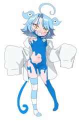 1girl ahoge bare_shoulders highres indie_virtual_youtuber long_sleeves luckycharm(mittydotx) mittydotx(vtuber) navel nazar_(amulet) nude oversized_clothes oversized_shirt sahelanthropus_(latinxedgelord) shirt short_hair simple_background single_sock slime_(creature) socks symbol-shaped_pupils thighhighs white_background white_shirt x-shaped_pupils yellow_eyes