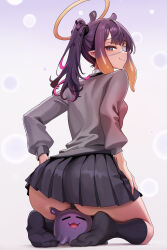 1girl :3 absurdres black_pantyhose black_skirt black_socks cardigan eyepatch feet from_behind grey_cardigan halo highres hololive hololive_english kneehighs looking_back medical_eyepatch ninomae_ina&#039;nis ninomae_ina&#039;nis_(school_uniform) no_shoes one_eye_covered orange_hair pantyhose pleated_skirt purple_eyes purple_hair seiza side_ponytail sitting sitting_on_animal skirt socks soles soles_of_feet_in_socks solo takodachi_(ninomae_ina&#039;nis) tentacle_hair toes traditional_halo unstableboiler virtual_youtuber