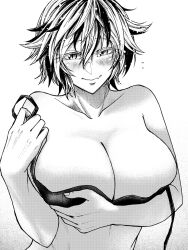 1girl blush breasts closed_mouth collarbone commentary_request fang greyscale huge_breasts koyubi_(littlefinger1988) looking_at_viewer monochrome multicolored_hair short_hair skin_fang solo streaked_hair toramaru_shou touhou undone_bra upper_body