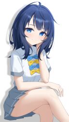 1girl absurdres blue_bow blue_bowtie blue_eyes blue_hair bow bowtie closed_mouth commentary crossed_legs grey_skirt hand_on_own_cheek hand_on_own_face highres jei_(user_tckk7448) looking_at_viewer make_heroine_ga_oo_sugiru! pleated_skirt school_uniform shadow shirt short_sleeves simple_background sitting skirt solo tsuwabuki_high_school_uniform white_background white_shirt yanami_anna yellow_bow yellow_bowtie