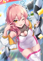 1girl bare_shoulders blush breasts checkered_flag cleavage cleavage_cutout clothing_cutout dress fangs fishnets flag hair_between_eyes highres holding holding_flag idolmaster idolmaster_cinderella_girls jacket jougasaki_mika long_hair looking_at_viewer medium_breasts one_eye_closed pink_hair pink_nails race_queen smile solo spicapix thighhighs thighs v white_dress white_jacket white_thighhighs yellow_eyes