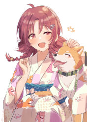 1girl ^_^ absurdres ahoge animal_print blush braided_sidelock closed_eyes dog dog_print highres idolmaster idolmaster_shiny_colors japanese_clothes kevn kimono komiya_kaho looking_at_animal mamemaru_(shiny_colors) multicolored_kimono parted_bangs paw_print petting red_eyes red_hair simple_background smile solo squatting white_background yukata
