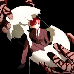 1boy 1girl angra_mainyu_(fate) bazett_fraga_mcremitz black_background black_gloves black_shoes body_markings collared_shirt cracking_egg egg fate/hollow_ataraxia fate_(series) formal_clothes full_body gloves highres long_sleeves looking_up necktie parted_lips red_hair red_necktie red_suit shirt shoes short_hair simple_background suit teba-age wide_shot