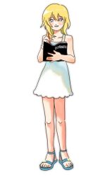 1girl :d bare_shoulders blonde_hair blue_eyes blush commentary death_note death_note_(object) dress english_commentary hair_between_eyes holding holding_notebook holding_pen kingdom_hearts kingdom_hearts_ii medium_hair namine notebook open_mouth parody pen pink_nails sandals sleeveless smile solo white_background white_dress writing yomyompi