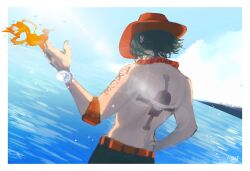 Rule 34 | 1boy, arm tattoo, back, back tattoo, black hair, commentary, dutch angle, elbow pads, english commentary, fire, hand on own hip, hat, highres, jewelry, jolly roger, log pose, male focus, necklace, ocean, oh no nori, one piece, orange hat, outdoors, pearl necklace, portgas d. ace, short hair, single elbow pad, sky, solo, tattoo, topless male, whitebeard pirates jolly roger