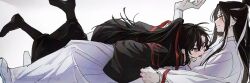2boys ahoge black_boots black_hair black_hanfu blush boots chinese_clothes closed_mouth grey_eyes hair_ribbon hanfu headband high_ponytail korean_commentary lan_wangji long_hair long_sleeves looking_at_another lying lying_on_person male_focus modao_zushi multiple_boys newtta_umu on_back on_stomach open_mouth ponytail red_ribbon ribbon robe sidelocks simple_background smile sweatdrop topknot twitter_username watermark wei_wuxian white_background white_boots white_hanfu white_headband wide_sleeves yaoi yellow_eyes
