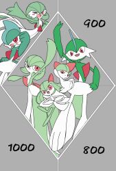 Rule 34 | 1boy, 1other, 2girls, arm up, arms up, blue hair, blunt bangs, bob cut, bowl cut, clenched hand, closed mouth, colored skin, dancing, flat chest, flat color, full body, gallade, gardevoir, gen 3 pokemon, gen 4 pokemon, green hair, green skin, grey background, hair between eyes, hand on own hip, hand up, happy, highres, jumping, kirlia, leg up, looking at viewer, medium hair, mohawk, monya, multicolored hair, multicolored skin, multiple girls, multiple views, nintendo, no feet, one eye closed, open mouth, outstretched arm, outstretched arms, own hands together, pokemon, pokemon (creature), ralts, red eyes, short hair, sidelocks, smile, standing, standing on one leg, two-tone hair, two-tone skin, white skin, wink