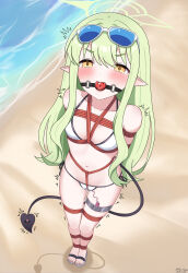 1girl absurdres alternate_costume arms_behind_back ball_gag bdsm beach bikini blue-tinted_eyewear blue_archive blush bondage bound bound_ankles bound_arms bound_legs bound_torso breasts chinese_commentary collarbone commentary_request crotch_rope demon_girl demon_tail drooling egg_vibrator eyewear_on_head female_focus from_above full_body gag gagged green_hair green_halo halo highres hikari_(blue_archive) loli long_hair looking_at_viewer navel neko_huan ocean outdoors paid_reward_available pointy_ears pussy_juice pussy_juice_trail remote_control_vibrator saliva saliva_trail sand sandals sex_toy shibari skindentation small_breasts solo standing sunglasses swimsuit tail tinted_eyewear toes v-shaped_eyebrows variant_set vibrator vibrator_in_thigh_strap vibrator_on_tail vibrator_under_clothes white-framed_eyewear white_bikini wiffle_gag yellow_eyes