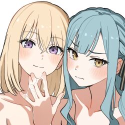2girls absurdres add_leir bang_dream! bang_dream!_it&#039;s_mygo!!!!! blonde_hair blush chinese_commentary closed_mouth commentary_request hair_between_eyes hand_up highres medium_hair misumi_uika multiple_girls nude purple_eyes pussy_juice pussy_juice_on_fingers sidelocks simple_background togawa_sakiko white_background yellow_eyes yuri