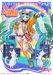 1girl 2025 :d aqua_eyes artist_name bag balloon belt black_panties braid cat character_name commentary_request copyright_logo copyright_name copyright_notice digital_stars digital_stars_miku digital_stars_miku_(2025) double_bun english_text explosion eyewear_on_head finger_gun foot_up full_body grid hair_between_eyes hair_bun hair_ornament handheld_game_console hatsune_miku headphones headphones_around_neck heart heart_tattoo highleg highleg_panties highres holding holding_handheld_game_console jacket lack leaf leg_tattoo leg_up long_hair navel official_art open_clothes open_jacket open_mouth panties rainbow red_belt second-party_source shoes shoulder_bag smile solo speaker star_(symbol) sticker_on_face sunglasses tattoo teeth tongue twintails underwear upper_teeth_only very_long_hair vocaloid white_shoes yellow_jacket