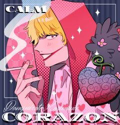 1boy blonde_hair blush character_name cigarette collared_shirt commentary_request devil_fruit donquixote_rocinante heart heart_print highres holding holding_cigarette hood makeup male_focus mecuru_mecu one_piece pink_shirt profile shirt smile smoke solo sparkle