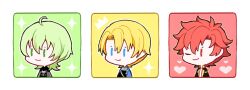 Rule 34 | 3boys, ahoge, belt, belt buckle, black shirt, blonde hair, blue cape, blue eyes, buckle, cape, chest belt, chibi, closed mouth, commentary request, curtained hair, dimitri alexandre blaiddyd, fire emblem, fire emblem: three houses, garreg mach monastery uniform, green eyes, green hair, grey cape, hair between eyes, heart, jacket, kuhaha, lapels, looking ahead, male byleth (enlightened) (fire emblem), male byleth (fire emblem), male focus, multiple boys, nintendo, one eye closed, open clothes, open jacket, red eyes, red hair, school uniform, shirt, short hair, side cape, smile, sylvain jose gautier, upper body, white shirt, wolf cut