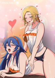 2girls alternate_costume ass blonde_hair blush bottomless breasts cleavage closed_eyes dildo fire_emblem fire_emblem:_three_houses fire_emblem_awakening heart highres hooters ihsnet ingrid_brandl_galatea ingrid_brandl_galatea_(timeskip) lucina_(fire_emblem) lying medium_breasts multiple_girls nintendo on_stomach open_mouth prone_bone sex sex_from_behind sex_toy spoken_heart strap-on waitress yuri