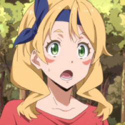 anime_screenshot blonde_hair ellen_(tensura) green_eyes headband lowres non-web_source red_shirt shirt solo tagme tensei_shitara_slime_datta_ken