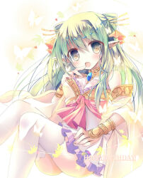 1girl absurdres bare_shoulders breasts cecile_leica_engel_berglund dress elf finger_to_mouth frilled_dress frills green_eyes green_hair hair_ornament highres iris_mysteria! long_hair looking_at_viewer mameguri medium_breasts open_mouth pointy_ears thighhighs white_thighhighs
