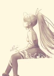 1girl absurdres ahoge corset feather_hair_ornament feathers flower from_side grass hair_ornament highres holding holding_flower hololive hololive_english kneehighs long_hair looking_afar monochrome multicolored_hair nanashi_mumei nanashi_mumei_(1st_costume) pleated_skirt ponytail sepia shirt single_kneehigh single_sock single_thighhigh sitting skirt smile socks sseldne streaked_hair swinging_legs thighhighs very_long_hair virtual_youtuber white_shirt