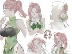 Rule 34 | alternate costume, alternate hairstyle, bare shoulders, braid, breasts, chinese clothes, collarbone, crossed arms, ear piercing, expressionless, finger to own chin, green eyes, green skirt, green vest, hair ribbon, hibikari1120, highres, hong meiling, large breasts, long hair, looking at viewer, looking to the side, open mouth, piercing, pointy ears, ponytail, red hair, ribbon, shirt, skirt, sleeping, smile, touhou, twin braids, variations, vest, white hood, white shirt