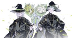 Rule 34 | 2boys, absurdres, bangs pinned back, black hat, black robe, blush, bouquet, broom, closed eyes, commentary request, flower, green flower, green hair, grey hair, hat, highres, leaf, long sleeves, looking at viewer, male focus, multiple boys, orange flower, robe, rose, salttt twst, sebek zigvolt, silver vanrouge, simple background, smile, sparkle, twisted wonderland, upper body, white background, white flower, white rose, wide sleeves, witch hat, yellow eyes