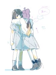 ... ...! ...? 2girls ahoge anyoji_hime arrow_(symbol) black_bow black_hair black_ribbon blonde_hair blue_dress blunt_bangs bob_cut bow bow_legwear brown_shoes colored_speech_bubble commentary_request dated dress gradient_hair green_eyes hair_ribbon highres hood hooded_jacket hug jacket link!_like!_love_live! loafers long_hair long_sleeves love_live! momose_ginko motion_lines multi-tied_hair multicolored_hair multiple_girls pink_hair ponytail puffy_short_sleeves puffy_sleeves ribbon shoes short_hair short_sleeves signature socks speech_bubble spoken_ellipsis tiptoes translation_request two-tone_hair virtual_youtuber white_jacket white_socks woodonly