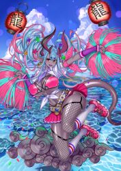 1girl :d arm_warmers bikini blue_background blue_hair blue_sky breasts caustics center-flap_bangs choker cleavage cloud collarbone collared_shirt colored_skin curvy earrings fate/grand_order fate_(series) fingernails fishnet_thighhighs fishnets floating floating_hair floating_object full_body game_cg gold_belt gold_earrings green_nails hair_ornament hands_up holding holding_pom_poms honjou_raita horns huge_breasts ibuki_douji_(fate) ibuki_douji_(swimsuit_berserker)_(fate) ibuki_douji_(swimsuit_berserker)_(second_ascension)_(fate) jewelry kneehighs lantern legs_up long_fingernails long_pointy_ears long_sidelocks looking_at_viewer miniskirt multicolored_hair multiple_horns navel necktie official_art open_clothes open_mouth open_shirt outstretched_arm panty_straps paper_lantern pink_bikini pink_choker pink_hair pink_shoes pink_skirt pleated_skirt pointy_ears pom_pom_(cheerleading) pom_poms purple_arm_warmers purple_necktie purple_skin red_eyes shirt shoes short_hair_with_long_locks short_necktie short_sleeves sidelocks skirt sky smile sneakers socks solo star_(symbol) star_hair_ornament streaked_hair striped_necktie swimsuit swimsuit_under_clothes tail thighhighs third-party_source tied_shirt twintails two-tone_necktie underboob variant_set water white_shirt white_socks wing_collar