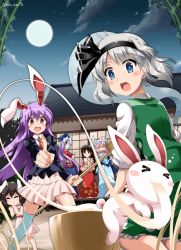 &gt;_&lt; 6+girls ^_^ animal animal_ears aqua_thighhighs ascot bamboo bamboo_forest black_bow black_hair black_hairband black_ribbon blazer blouse blue_bow blue_dress blue_eyes blue_headwear blue_kimono blunt_bangs blush_stickers bob_cut bow bowtie braid breasts brown_eyes buttons carrot_necklace closed_eyes closed_mouth collared_shirt commentary_request constellation constellation_print crescent crescent_pin cross dress eating eientei eyes_visible_through_hair floppy_ears floral_print folding_fan food forest frilled_dress frilled_skirt frills full_moon ghost green_skirt green_vest hair_ribbon hairband hand_fan hat hime_cut hitodama holding holding_fan houraisan_kaguya inaba_mob_(touhou) inaba_tewi jacket japanese_clothes jewelry katana kimono kine konpaku_youmu konpaku_youmu_(ghost) long_hair long_skirt long_sleeves looking_at_another looking_back mallet medium_breasts medium_skirt mob_cap mochi mochi_trail moon moon_rabbit multicolored_dress multiple_girls nature necklace night nurse_cap obi open_mouth pendant pink_dress pink_hair pink_shirt pleated_skirt pointing purple_hair rabbit rabbit_ears rabbit_tail red_cross red_dress red_eyes red_neckwear red_skirt reisen_udongein_inaba ribbon ribbon-trimmed_dress ribbon_trim saigyouji_yuyuko saigyouji_yuyuko&#039;s_fan_design sash scabbard sheath sheathed shirt short_hair single_braid skirt skirt_set smile standing surprised sword tail thighhighs touhou train_90 triangular_headpiece twitter_username vest wakizashi wavy_hair weapon white_hair white_sash white_shirt wide_sleeves yagokoro_eirin yellow_bow