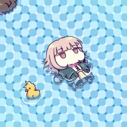 Rule 34 | 1boy, 1girl, black jacket, black shirt, brown hair, brown skirt, danganronpa (series), danganronpa 2: goodbye despair, dress shirt, hinata hajime, jacket, kmnm 1403, komaeda nagito, medium hair, miniskirt, nanami chiaki, neck ribbon, no mouth, open clothes, open jacket, pink eyes, pink ribbon, pleated skirt, primrose field illusion, ribbon, rubber duck, shirt, skirt, solo focus, water, white shirt