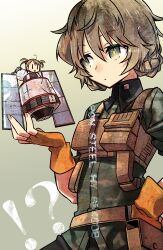 !? 2girls amane_suzuha amane_suzuha_(beta) brown_hair camouflage chibi commentary_request fingerless_gloves gloves military_combat_uniform military_uniform multiple_girls negi_(ulog&#039;be) open_mouth orange_gloves satellite short_hair short_twintails steins;gate tennouji_nae twintails