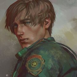 Rule 34 | 1boy, blonde hair, blue eyes, cable, closed mouth, commentary, english commentary, green jacket, highres, jacket, leon s. kennedy, male focus, police, police badge, police uniform, princerevenant, profile, resident evil, resident evil 2, resident evil 2 (remake), simple background, solo, swept bangs, upper body, walkie-talkie