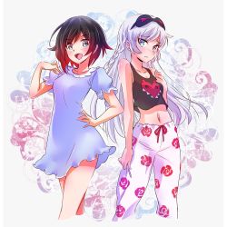 Rule 34 | 2girls, alternate hairstyle, black hair, blue eyes, braid, camisole, cosplay, costume switch, flower, gradient hair, hair down, highres, iesupa, long hair, multicolored hair, multiple girls, pajamas, red hair, rose, ruby rose, ruby rose (cosplay), rwby, scar, scar across eye, scar on face, short hair, tank top, two-tone hair, weiss schnee, weiss schnee (cosplay), white hair