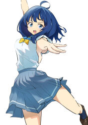 1girl ahoge arm_up black_socks blue_bow blue_bowtie blue_eyes blue_hair bow bowtie brown_shoes commentary_request grey_skirt highres loafers looking_at_viewer m2bou make_heroine_ga_oo_sugiru! medium_hair open_mouth outstretched_arm pleated_skirt reaching reaching_towards_viewer school_uniform shirt shirt_tucked_in shoes simple_background skirt socks solo teeth tsuwabuki_high_school_uniform upper_teeth_only white_background white_shirt yanami_anna yellow_bow yellow_bowtie