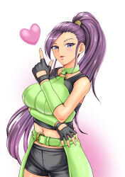 1girl absurdres arm_guards arm_under_breasts asymmetrical_bangs bad_proportions belt bike_shorts black_gloves black_shorts black_tank_top breasts bustier commentary_request cowboy_shot dragon_quest dragon_quest_xi fingerless_gloves gloves gradient_background green_belt green_bustier heart high_ponytail highres huge_breasts index_finger_raised looking_at_viewer martina_(dq11) naito_haruto navel o-ring o-ring_top pink_background ponytail puckered_lips purple_eyes purple_hair shorts solo tank_top white_background