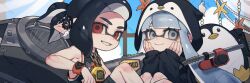 Rule 34 | 1boy, 1girl, animal hood, black hair, black hoodie, black shorts, black tank top, blue eyes, blue hair, chain, chain necklace, closed mouth, commentary, commission, e-liter 4k (splatoon), earclip, grin, hands on own cheeks, hands on own face, highres, hood, hood up, hoodie, inkling, inkling boy, inkling girl, inkling player character, jewelry, long hair, looking at viewer, medium hair, necklace, nintendo, parted bangs, penguin hood, pointy ears, ponytail, prat rat, red eyes, shorts, sloshing machine (splatoon), smile, splatoon (series), stuffed animal, stuffed penguin, stuffed toy, symbol-only commentary, tank top, tentacle hair, very long hair, watermark, watermark grid, wristband