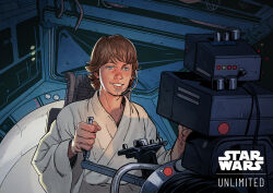 1boy blonde_hair blue_eyes borja_pindado cockpit english_text grin highres luke_skywalker short_hair smile solo star_wars star_wars:_a_new_hope star_wars:_unlimited
