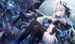Rule 34 | 1girl, black bow, black dress, black thighhighs, blue eyes, bow, braid, breasts, center opening, cleavage, crossed legs, dress, fate/grand order, fate (series), gabiran, grey hair, hair bow, highres, large breasts, long hair, long sleeves, looking at viewer, morgan le fay (fate), morgan le fay (third ascension) (fate), navel, pelvic curtain, ponytail, sidelocks, sitting, solo, spikes, staff, thighhighs, thighs, throne, tiara, two-tone dress, very long hair, white dress, wide sleeves