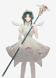 1boy absurdres ahoge aji_11300913 blood blood_on_clothes blood_on_face blood_on_gloves blood_on_hat bloody_clothes bloody_dress bloody_weapon closed_mouth commentary_request crossdressing dress feet_out_of_frame genshin_impact gloves green_hair hat highres holding holding_polearm holding_weapon looking_at_viewer male_focus medium_hair orange_eyes pantyhose polearm simple_background solo standing twitter_username weapon white_background white_dress white_gloves white_hat white_pantyhose white_wings wings xiao_(genshin_impact)
