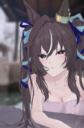 Rule 34 | 1girl, absurdres, ahoge, animal ears, blue eyes, blue ribbon, blush, breasts, cleavage, fgej8858, grey hair, hair between eyes, hair ribbon, highres, horse ears, horse girl, long hair, mole, mole under eye, multicolored hair, naked towel, onsen, parted lips, ribbon, solo, streaked hair, towel, twintails, umamusume, very long hair, vivlos (umamusume), wet, white hair