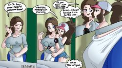 1futa 1girl angry blue_eyes blue_shorts breasts brown_hair bulge covered_erect_nipples diabolussex english_text erection erection_under_clothes futanari grabbing_from_behind hat highres hilda_(pokemon) implied_futanari large_breasts long_hair mother_(pokemon) mother_and_daughter nintendo pokemon pokemon_bw ponytail shorts smile spatula speech_bubble unova_mother_(bw)