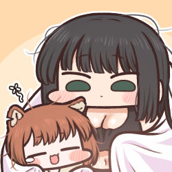 1boy 1girl age_difference animal_ears black_hair blush breasts chibi child cleavage closed_eyes green_eyes jazz_jack lowres navel noah_(onna_kishi_to_kemonomimi_no_ko) notched_ear olivia_(onna_kishi_to_kemonomimi_no_ko) onna_kishi_to_kemonomimi_no_ko open_mouth simple_background towel