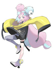 Rule 34 | absurdres, boots, bow-shaped hair, character hair ornament, grey boots, grey pantyhose, hair ornament, hexagon print, highres, iono (pokemon), jacket, long hair, low-tied long hair, multicolored hair, nintendo, oversized clothes, pantyhose, pokemon, pokemon sv, sharp teeth, single leg pantyhose, sleeves past fingers, sleeves past wrists, split-color hair, teeth, two-tone hair, very long sleeves, x, yanyo (ogino atsuki), yellow jacket