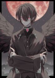 1boy :/ angel_wings black_hair black_nails black_robe black_shirt black_wings closed_mouth compression_shirt cowboy_shot demon_boy full_moon hair_between_eyes highres looking_at_viewer male_focus moon multicolored_hair original purimo_(xxxmofmof) red_eyes red_hair red_moon robe shirt short_hair slit_pupils solo star_(symbol) two-tone_hair wings