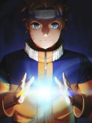 1boy absurdres blonde_hair blue_background blue_eyes blue_jacket closed_mouth commentary dark_background english_commentary forehead_protector highres jacket light_particles looking_at_viewer male_focus multicolored_jacket naruto_(classic) naruto_(series) numanoan short_hair solo two-tone_jacket upper_body uzumaki_naruto yellow_jacket zipper zipper_pull_tab