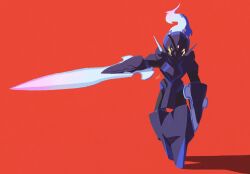 arm_blade armor ceruledge ewokakukaede eye_trail fire full_body highres light_trail nintendo orange_eyes pokemon pokemon_(creature) purple_armor purple_fire red_background simple_background solo weapon