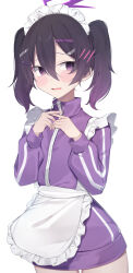 1girl absurdres apron blue_archive blush frilled_apron frills gradient_hair hair_between_eyes hair_ornament hairclip halo hanasaki_rin haruka_(blue_archive) highres jacket jersey_maid maid maid_headdress multicolored_hair purple_eyes purple_halo purple_jacket simple_background solo sweatdrop track_jacket twintails unconventional_maid white_apron white_background