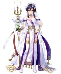 Rule 34 | 1girl, black hair, breasts, bridal veil, candle, candlestand, cleavage, dress, fire emblem, fire emblem: genealogy of the holy war, fire emblem heroes, hand on own hip, high heels, highres, holding, holding candle, larcei (bride) (fire emblem), larcei (fire emblem), looking at viewer, medium breasts, nintendo, non-web source, official alternate costume, official art, pelvic curtain, purple dress, purple eyes, short hair, short hair with long locks, smile, solo, tachi-e, thighhighs, two-sided dress, two-sided fabric, veil, white dress