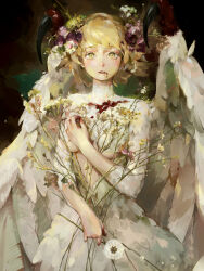 1girl blonde_hair blood blood_on_chest blood_on_face breasts dungeon_meshi falin_touden falin_touden_(chimera) feathered_wings feathers flower hair_flower hair_ornament highres holding holding_flower kuto_(kuroto) looking_at_viewer solo underboob white_feathers white_wings wings yellow_eyes