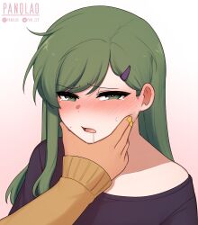 2girls absurdres dark-skinned_female dark_skin drooling drunk green_eyes green_hair hair_ornament hairclip hand_on_another&#039;s_cheek hand_on_another&#039;s_face heart heart-shaped_pupils highres igarashi_futaba kurobe_natsumi looking_at_viewer multiple_girls oversized_clothes oversized_shirt panqlao senpai_ga_uzai_kouhai_no_hanashi shirt sweater symbol-shaped_pupils tearing_up yuri