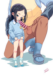 1boy 1girl :q apron bar_censor black_eyes black_hair blue_shirt blush bottomless censored clothes_lift dark-skinned_male dark_skin erection forehead head_out_of_frame highres imminent_fellatio kindergarten_uniform licking_lips lifting_own_clothes loli long_hair nanjou_asuka naughty_face on_one_knee original penis pussy sandals shirt shirt_lift shoes smile socks standing testicles thighs tongue tongue_out white_socks yellow_apron