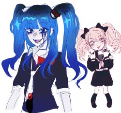 2girls amemiya_darumi bear_hair_ornament black_bow black_hair black_skirt blonde_hair blue_eyes blue_hair bow cosplay costume_switch creator_connection danganronpa:_trigger_happy_havoc danganronpa_(series) enoshima_junko fingernails full_body hair_ornament highres looking_at_viewer m/ makeup multiple_girls nail_polish open_mouth red_nails runny_makeup simple_background skirt standing the_hundred_line_-last_defense_academy- tongue tongue_out twintails upper_body white_background